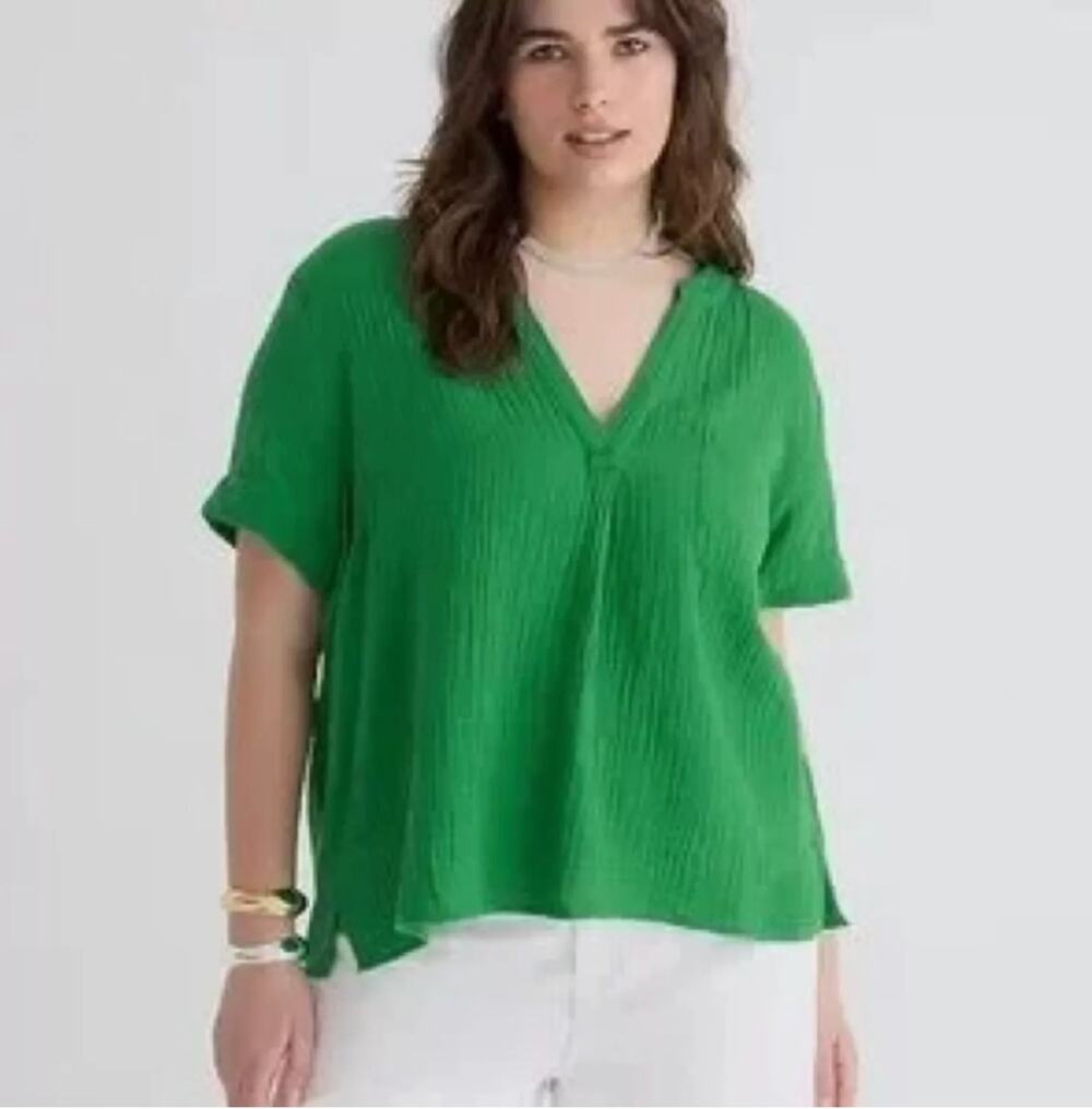 J CREW Green Cotton Gauze V Neck Popover Top Blouse BI431 // S